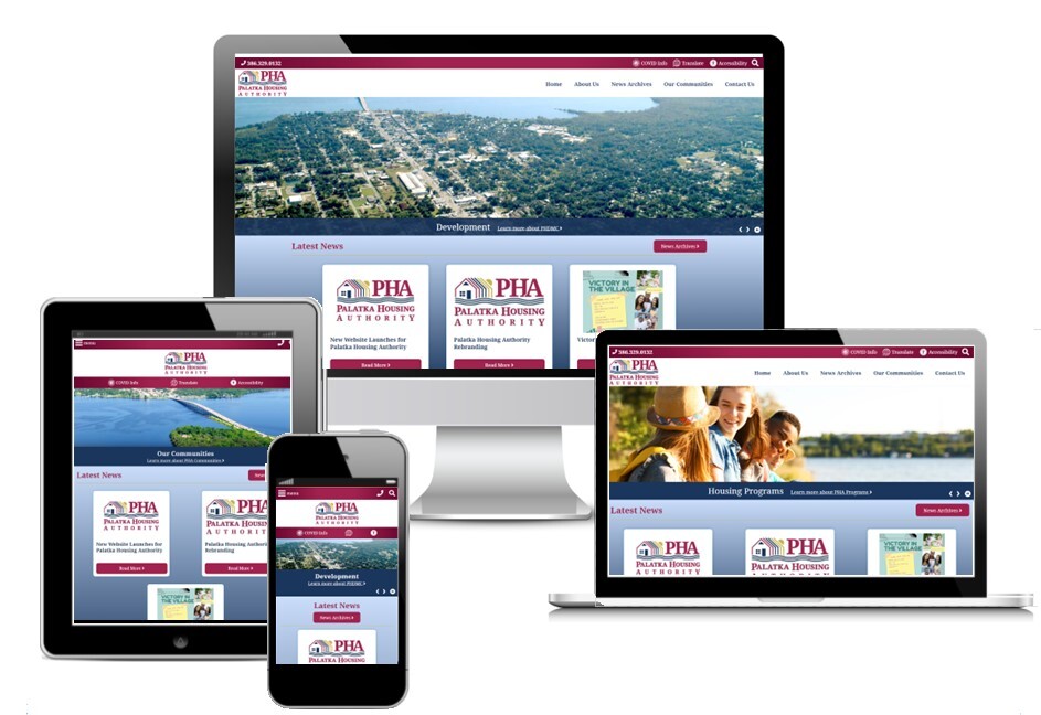 The responsive views of the Palatka Housing Authority Website including mobile, tablet, laptop, and desktop.