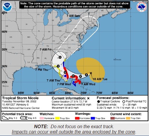 The Map of Tropical Storm Nicole's path to Florida.